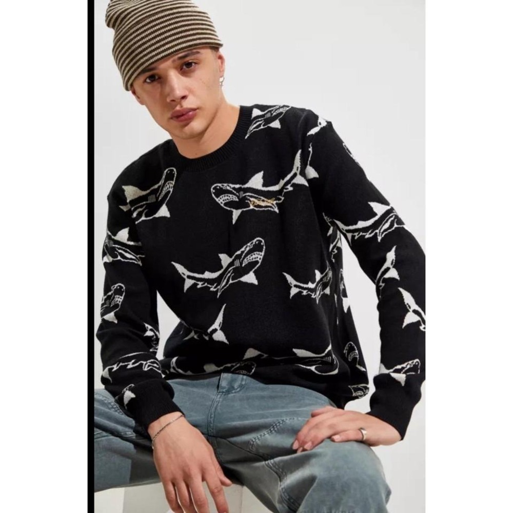 Mens Dark‎ Seas All Over Shark Print Crewneck Pullover Sweater